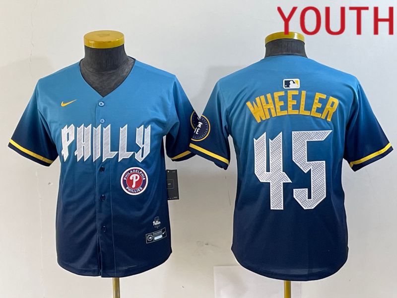 Youth Philadelphia Phillies #45 Wheeler Blue City Edition Nike 2024 MLB Jersey style 5->youth mlb jersey->Youth Jersey